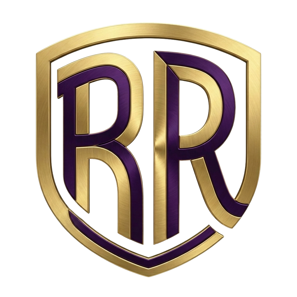 Real Riich Enterprises gold and purple shield emblem